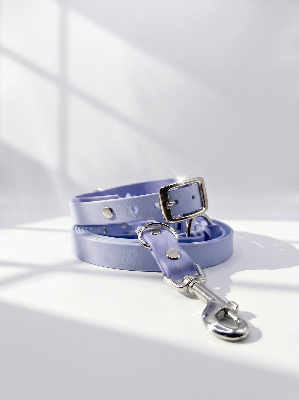 Handgefertigte BioThane Hundeleine mit passendem Hundehalsband in Polar Blau und Periwinkle mit silbernen Beschlägen – wasserfest, pflegeleicht und individuell anpassbar.