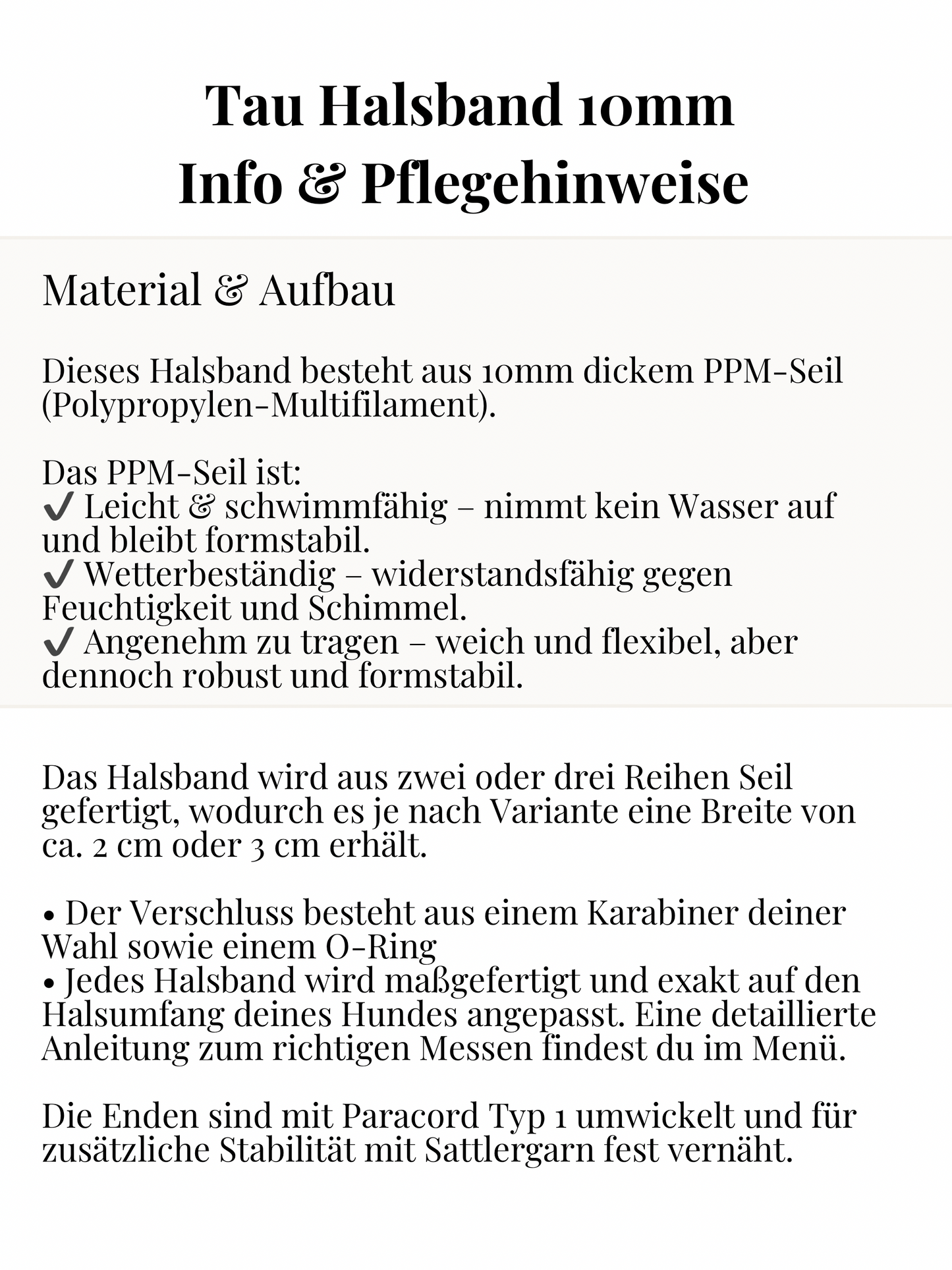 Infos zu Tau Halsband 10mm aus PPM Seil. Material und Aufbau Beschreibung.