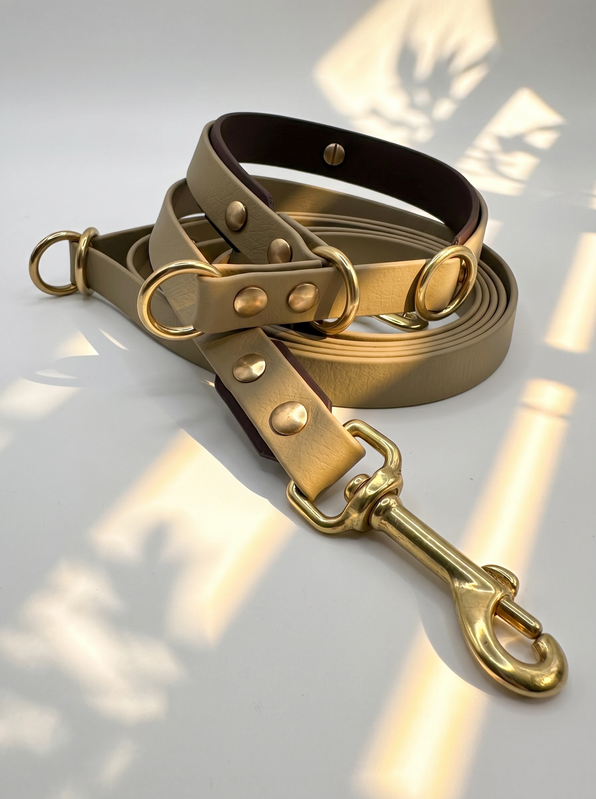 Vorderansicht des LINEA BioThane Hundehalsband- und Hundeleinen-Sets in Beige und Dunkelbraun mit Messingbeschlägen und Zugstopp-Halsband – handgefertigtes, zweifarbiges Set aus BioThane.