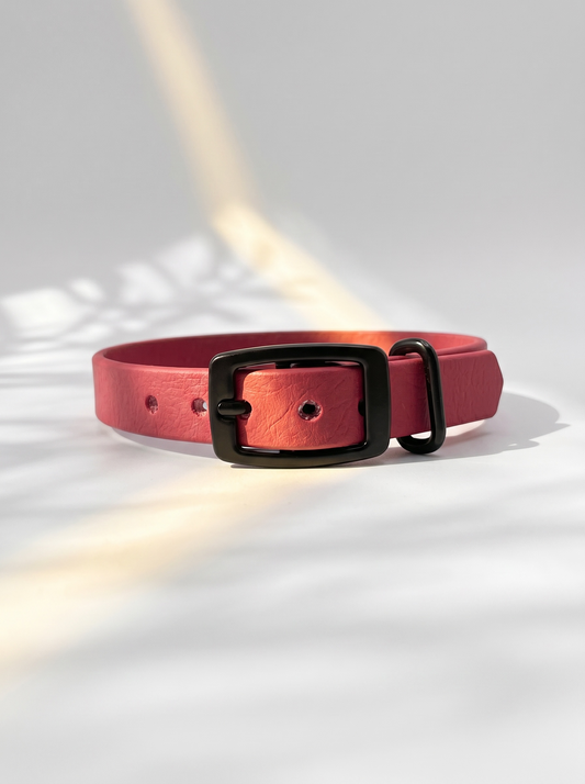 Vorderansicht des MINIMAL BioThane Hundehalsbandes in Rot mit schwarzen Beschlägen und Doppelstegschnalle zur Größenverstellung – handgefertigtes, einfarbiges Hundehalsband aus BioThane.