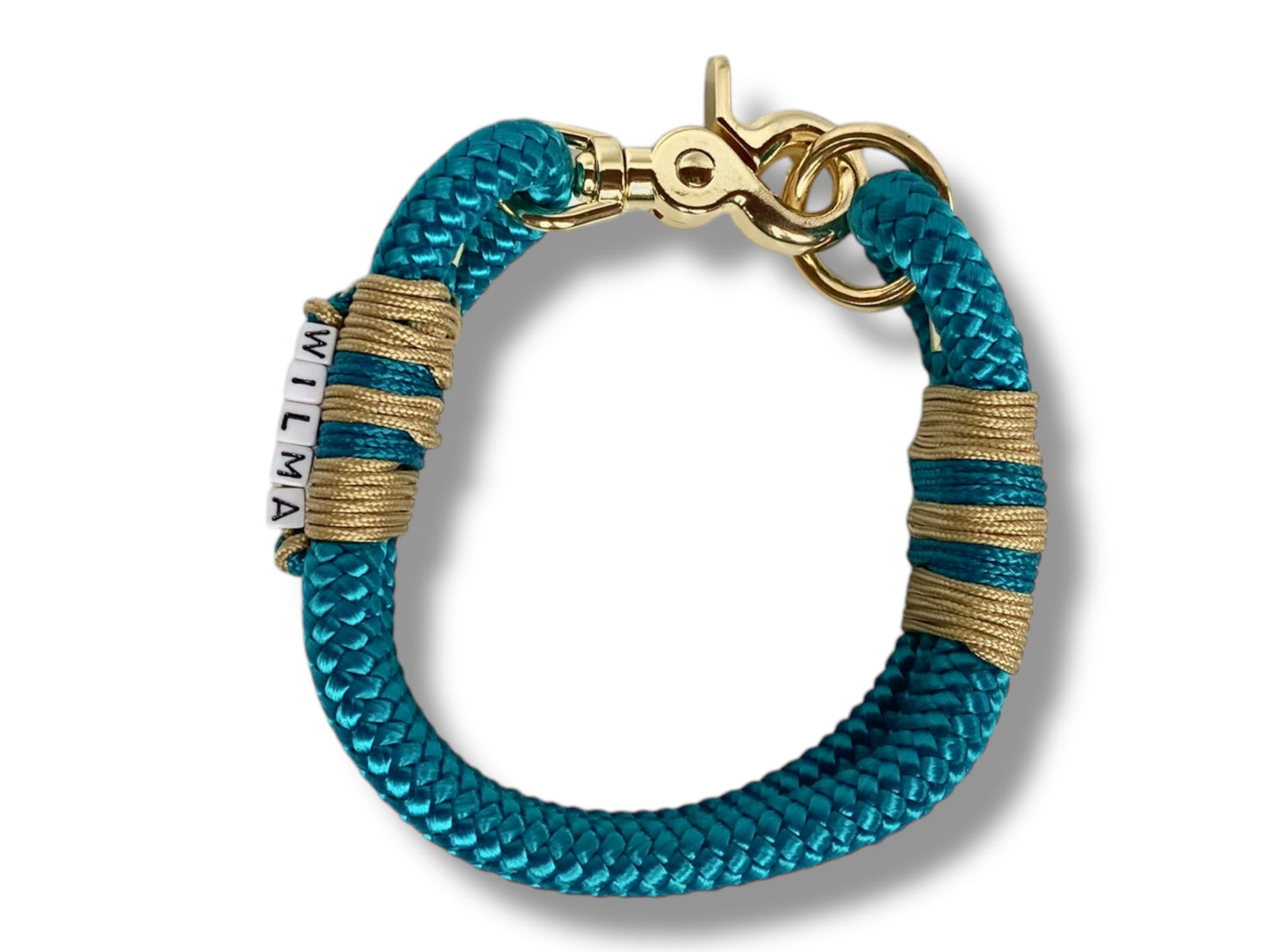 Handgefertigtes Tauhalsband in Aqua Blau und gold mit goldfarbenem Karabiner in der Draufsicht
