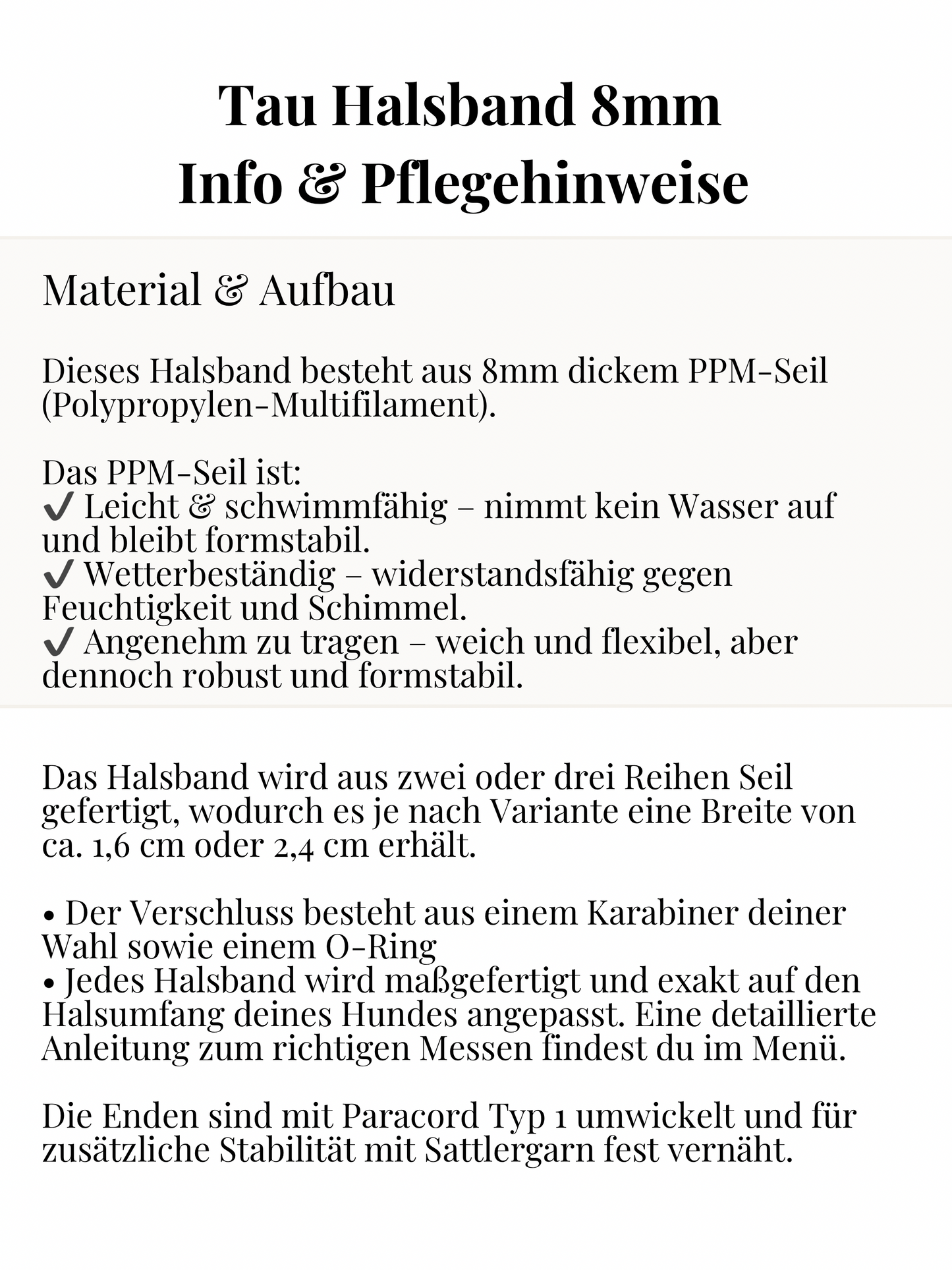 Infos zu Tau Halsband 8mm aus PPM Seil. Material und Aufbau Beschreibung.