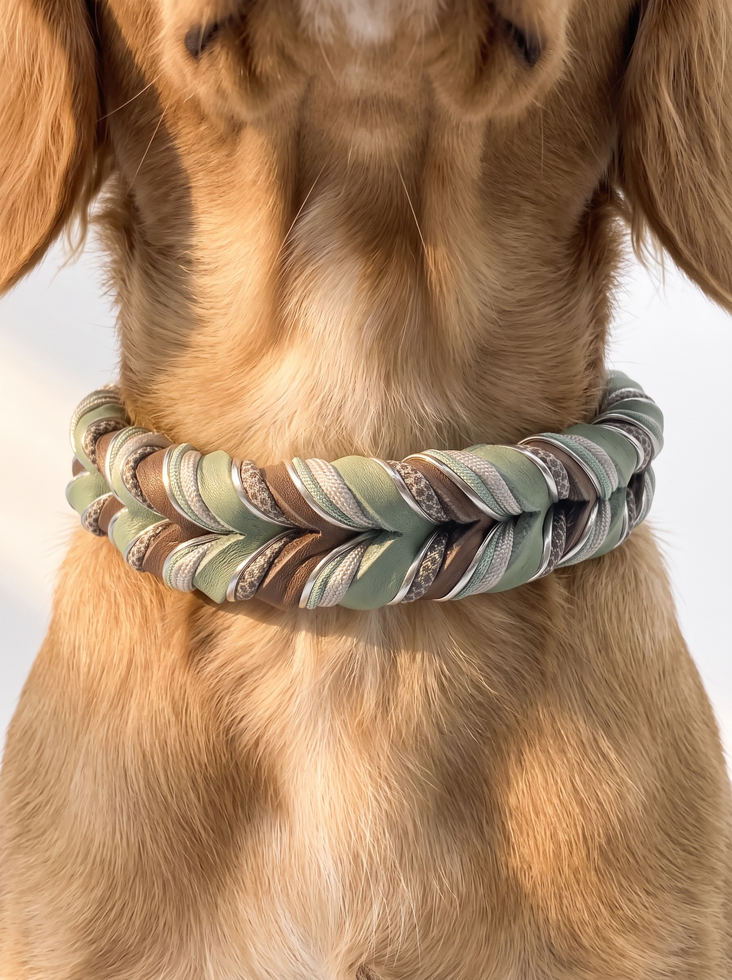 Hunde set aus Fettleder bestehend aus Halsband und Leine in den Farben Schlamm und mint. Geeignet für kleine, mittlere und große Hunde, da es a das Gewicht und Größe angepasst wird. Details in grau, Silber und grün. Getragen von einem braunen Hund 