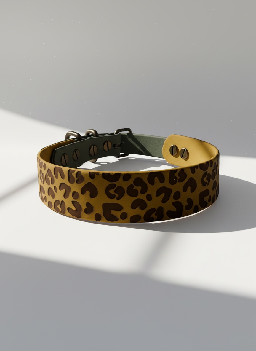 Hundehalsband und Hundeleine aus BioThane mit Leomuster in Grün und Gelnoder deinen Wunschfarben. individuell anpassbar mit Namensgravur und Messing Beschlägen. Ansicht: Details Halsband hinten 