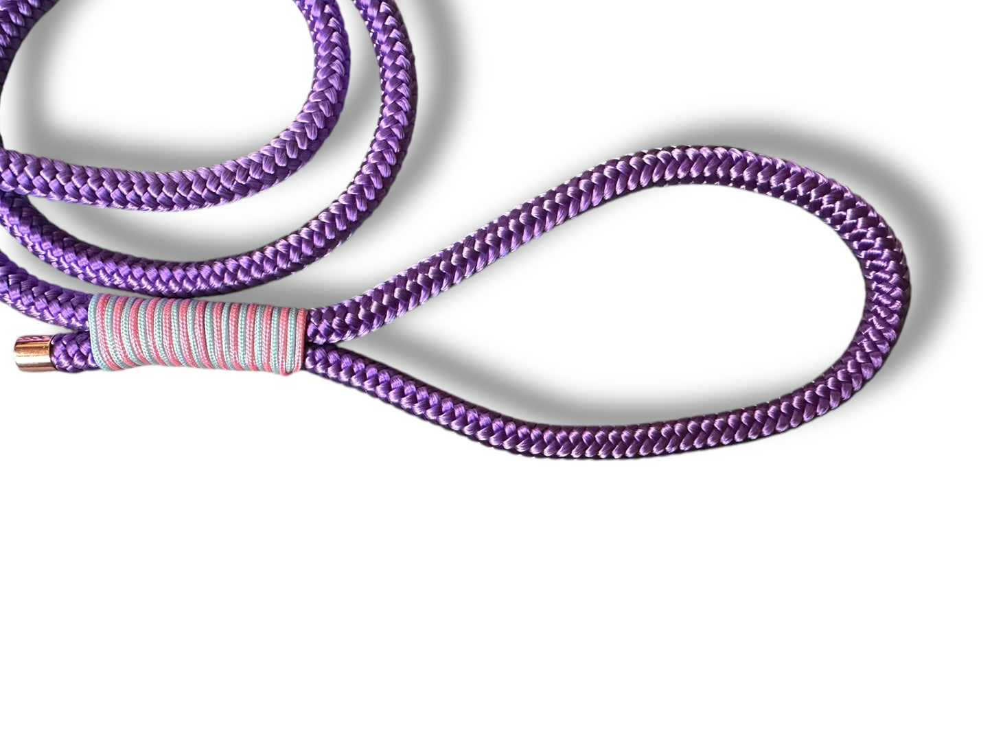 Tau-Leine 10mm, mit fester Handschlaufe, bestehend aus "Acid Violet" Seil, "Pastel Rosa & Pastel Blau" Umwickelung