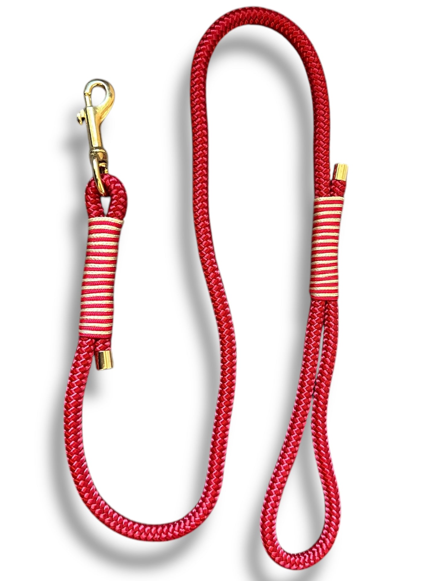 Tau-Leine 10mm, mit fester Handschlaufe, bestehend aus "Himbeere Rot" Seil, "Rot Velvet & Shiny Gold" Umwickelung