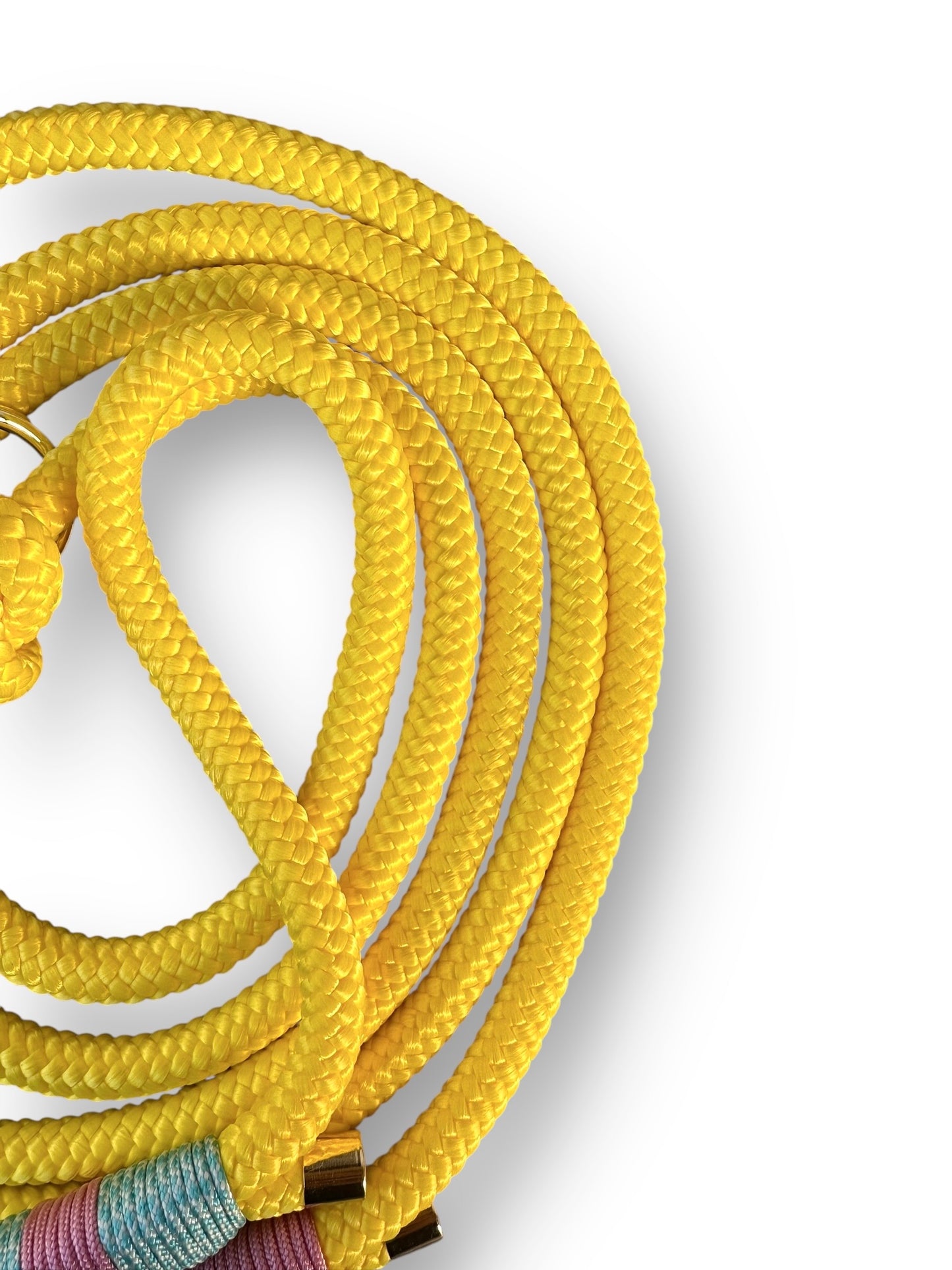 Handgefertigte Tauleine in canary gelb mit rosa und blau Umwickelung mit goldfarbenen Karabiner Detail Seilfarbe