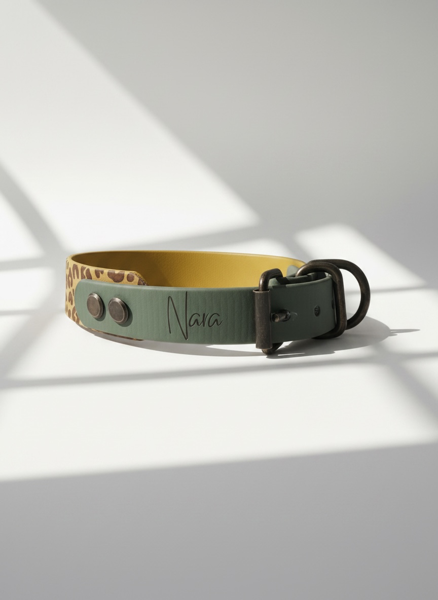 Hundehalsband und Hundeleine aus BioThane mit Leomuster in Grün und Gelnoder deinen Wunschfarben. individuell anpassbar mit Namensgravur und Messing Beschlägen. Ansicht: Details Halsband Namensgravur 