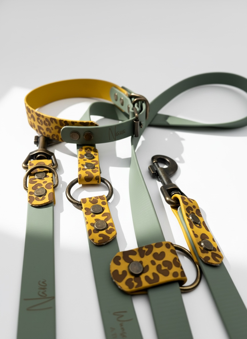 Hundehalsband und Hundeleine aus BioThane mit Leomuster in Grün und Gelnoder deinen Wunschfarben. individuell anpassbar mit Namensgravur und Messing Beschlägen. Ansicht: Set Details 