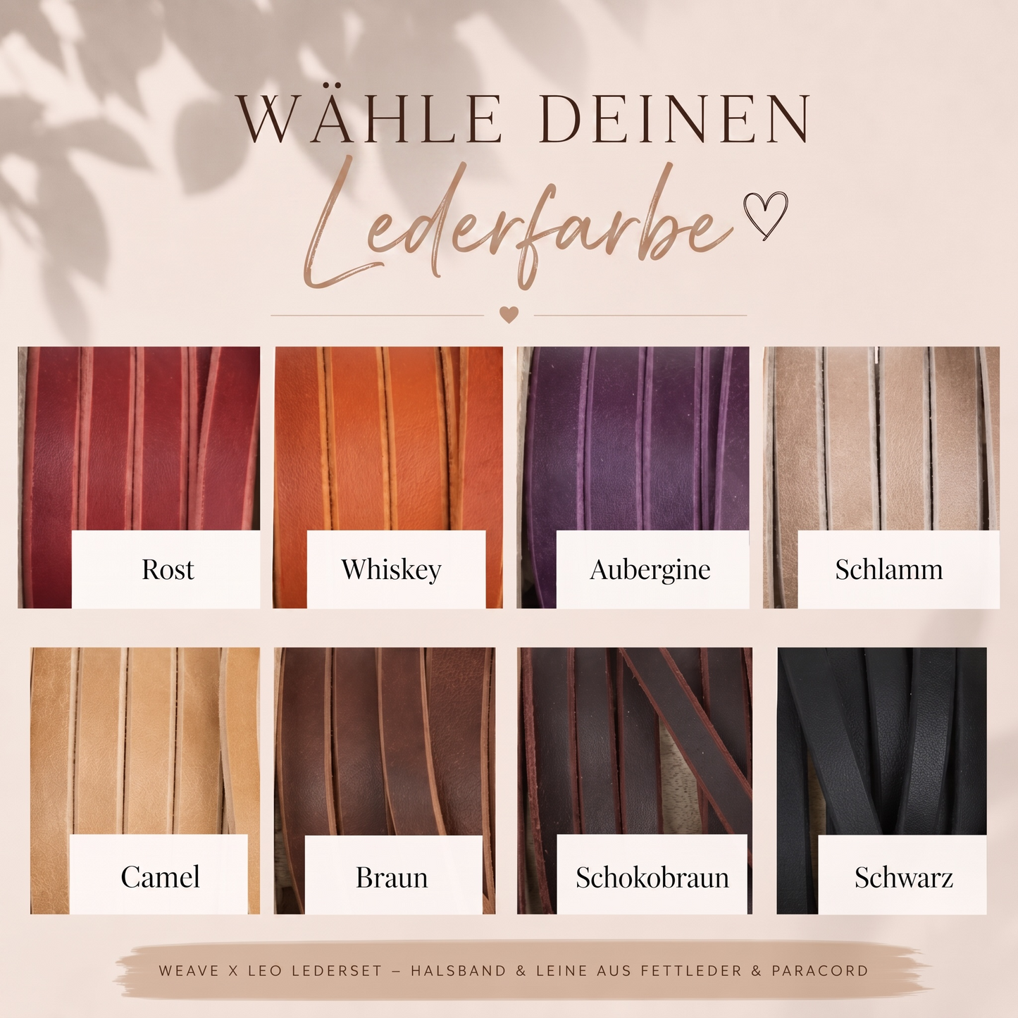 Auswahl der Lederfarben weave x Leo. Limitierte Edition 