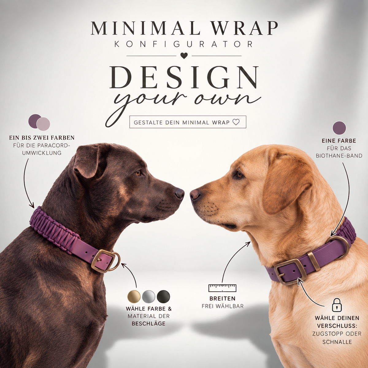 Auswahlmöglichkeiten des Konfigurator MINIMAL WRAP. Halsband oder Set in deinen Wunschfarben aus BioThane und Paracord. 