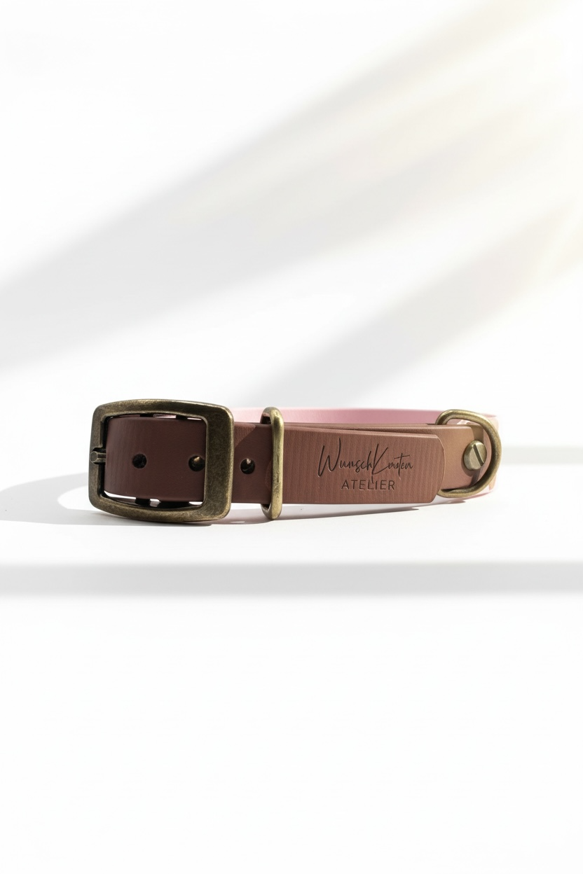 Hundehalsband aus BioThane mit WunschKnotenAtelier Gravur. In den Farben Braun und rosa mit antik goldenen beschlägen
