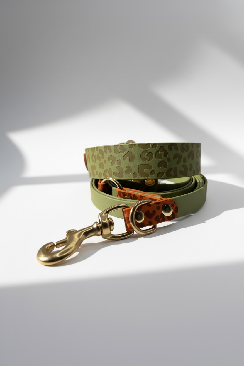 Hundeset bestehend aus Halsband und Leine aus BioThane mit Leo-Details. Farben Holy Guacamole grün und burned orange. Beschläge aus messing in gold. Größe und Breite wählbar, personalisierbar mit namensgravur.