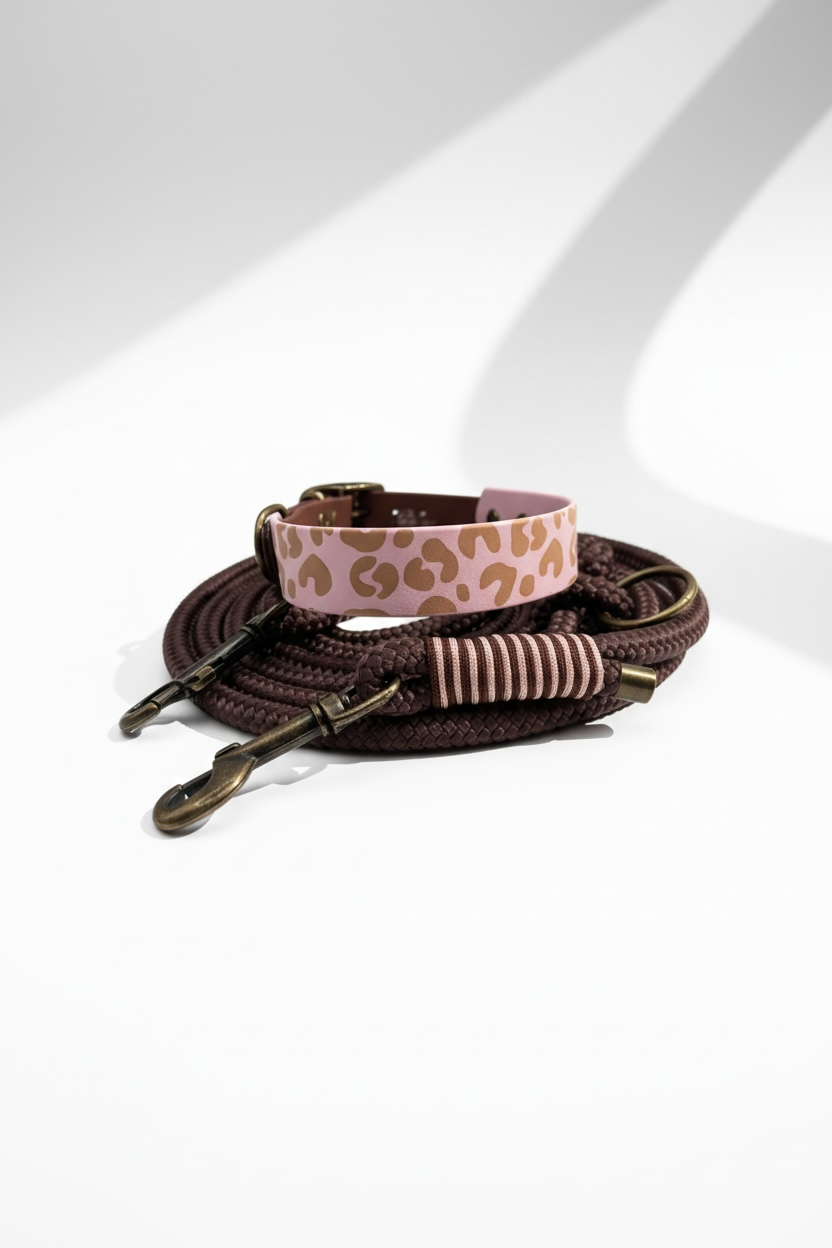 Hundeset bestehend aus Leine und Halsband. Materialien Tau und BioThane in den Farben rosa und braun mit Leo Details 