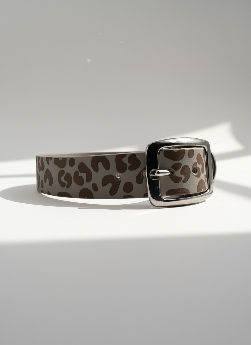 Leohalsband für Hunde in taupe mit silbernen und braunen Details. Hundehalsband in verschiedenen Größen und Breiten 
