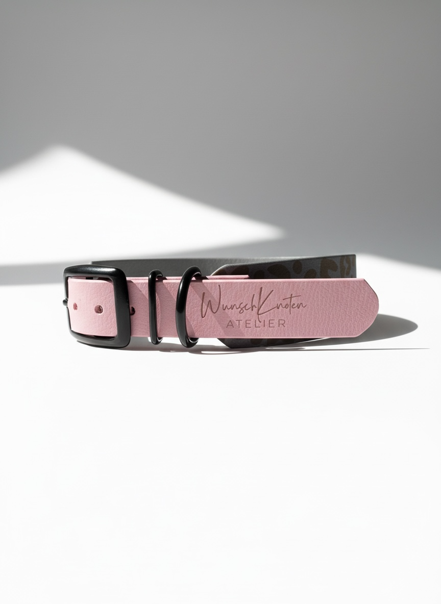 Hundehalsband aus BioThane mit Gravur in Silber und rosa mit Namensgravur 