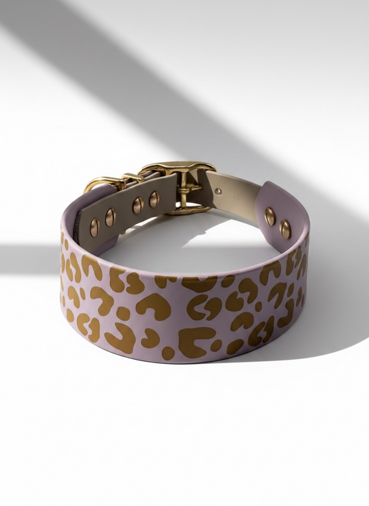 Hundehalsband aus BioThane in pastel lila mit leoprint und taupe farbenen BioThane am Verschluss. Beschläge aus Messing in gold