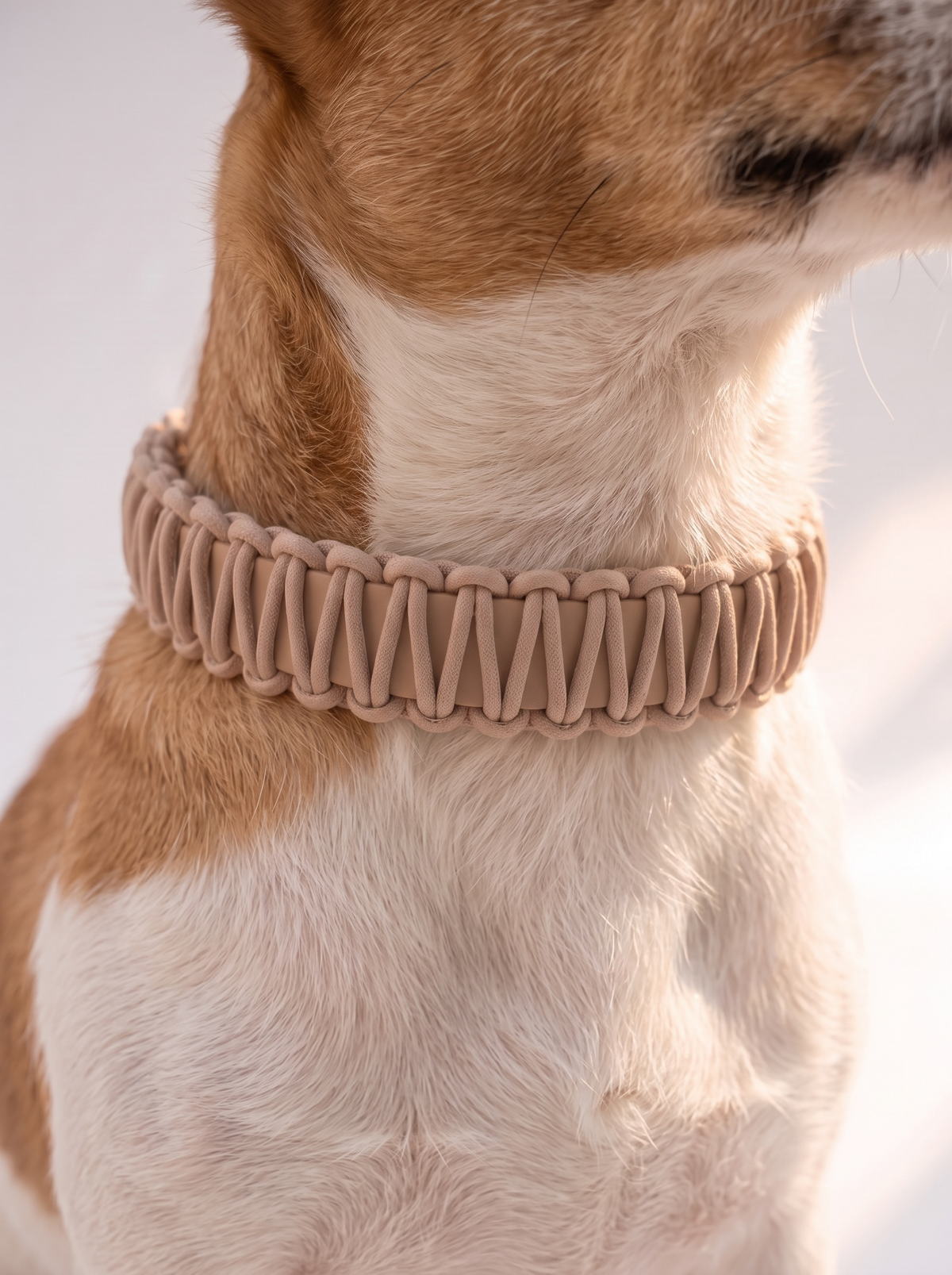 Hundehalsband aus BioThane in beige mit edlen Antik-goldenen details. Umwickelt. Ist Paracord Typ 3 in Café Latte. Handgefertigt und individuell anpassbar. Ansicht des Halsbandes von vorne An einem hund getragen