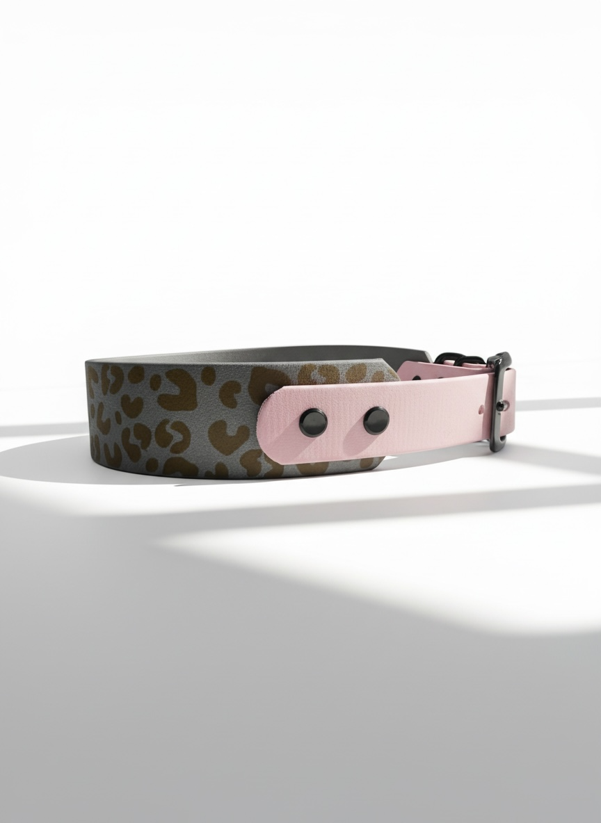 BioThane Halsband in grau und rosa mit leoprint und schwarzen Beschlägen 