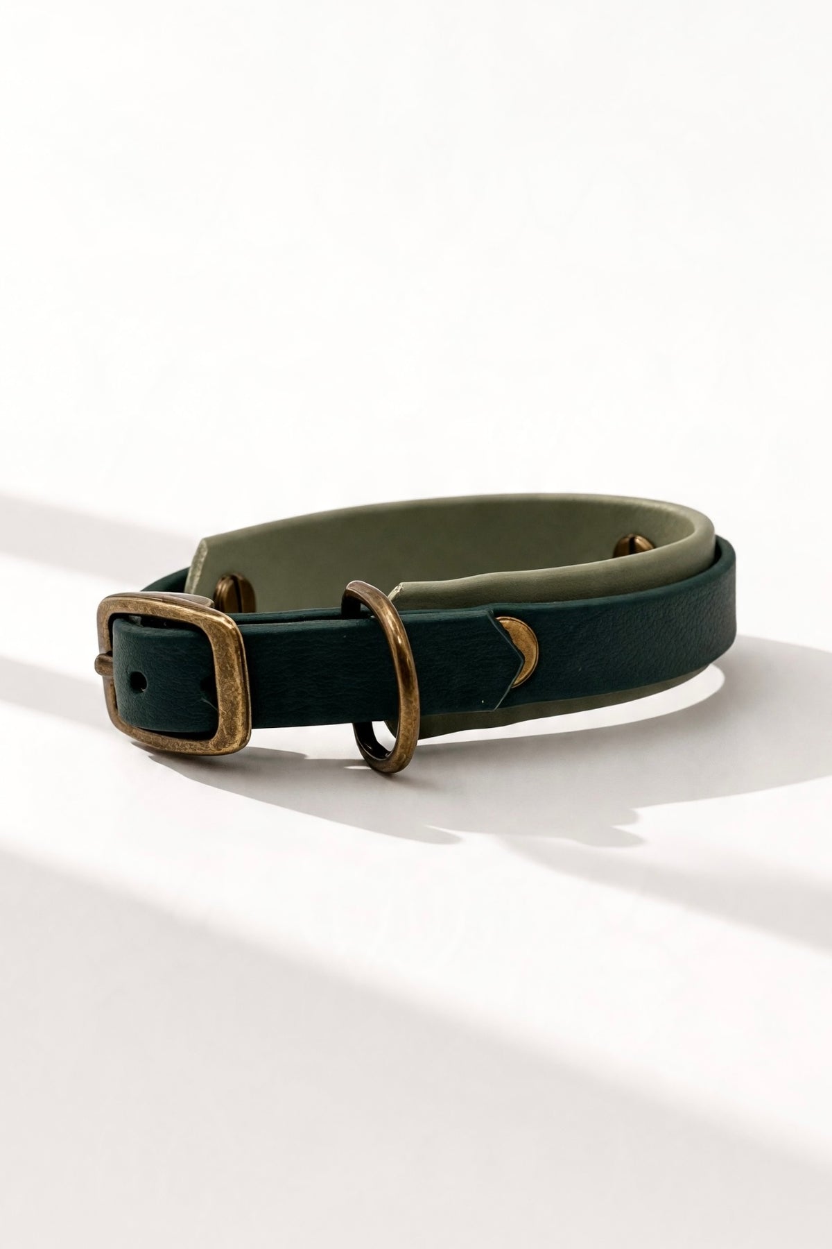 BioThane Hundehalsband und Hundeleine in Dunkelgrün und Foggy Grün. Handgefertigt und personalisierbar in Größe und Breite. Verstellbares Halsband antik goldene Beschläge 