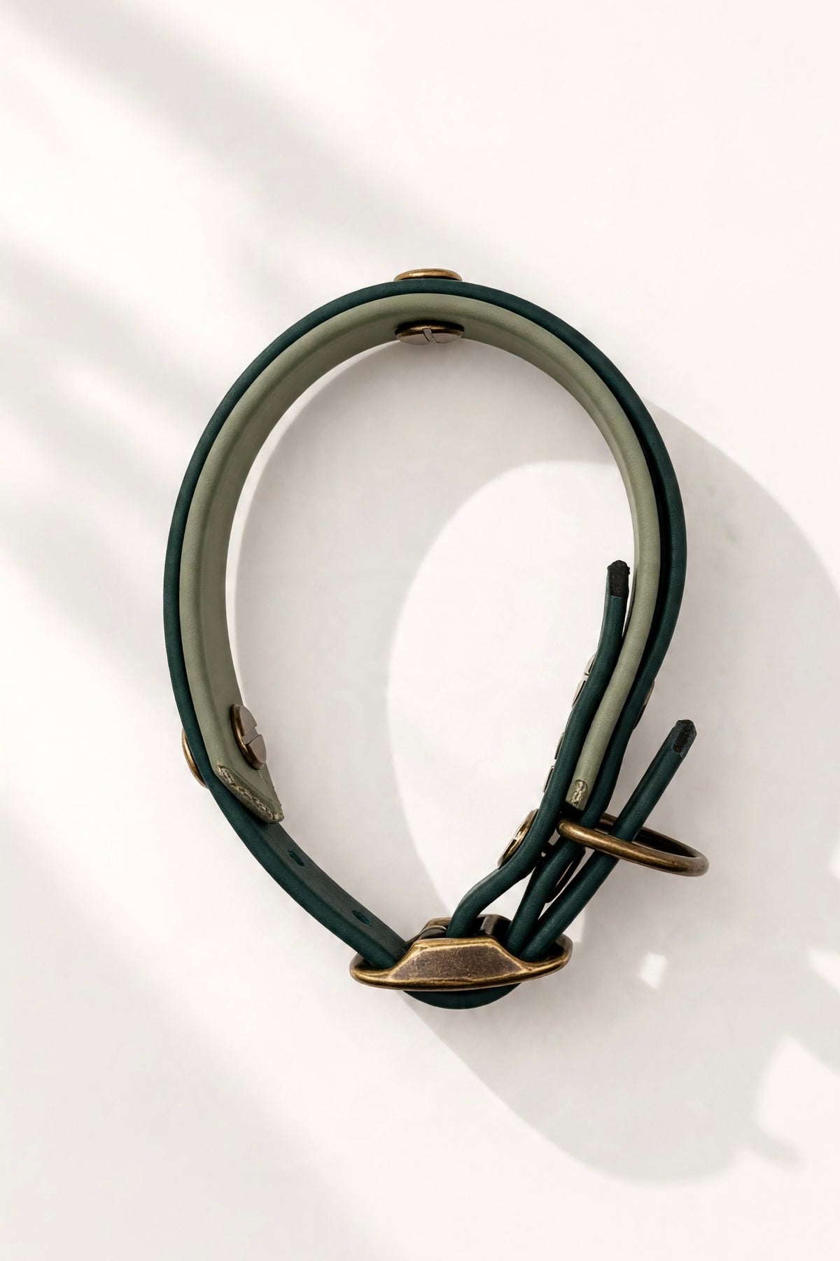 BioThane Hundehalsband und Hundeleine in Dunkelgrün und Foggy Grün. Handgefertigt und personalisierbar in Größe und Breite. Draufsicht Halsband 