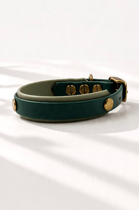 BioThane Hundehalsband und Hundeleine in Dunkelgrün und Foggy Grün. Handgefertigt und personalisierbar in Größe und Breite. Seitenansicht Halsband 