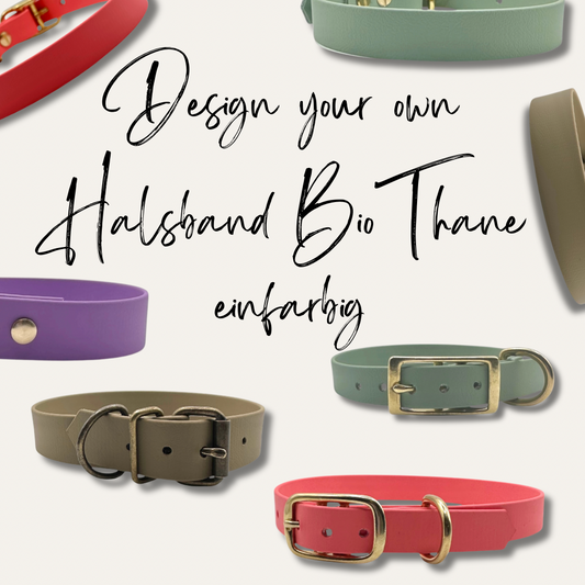 Hundehalsband aus BioThane in deiner Wunschfarbe. Designe dein eignes einfarbiges Hundehalsband. Wähle deine Breite und die Farbe der Beachläge.