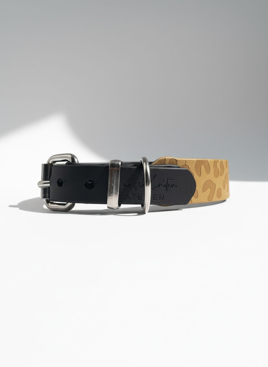 verstellbares BioThane Halsband mit Leo Print in Gold und schwarz mit Messing Beschlägen 