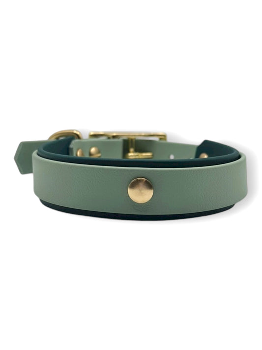 Hundehalsband aus BioThane mit zwei Bändern. Dunkelgrün und Sage Grün. Perfekt für den Herbst und Winter geeignet.