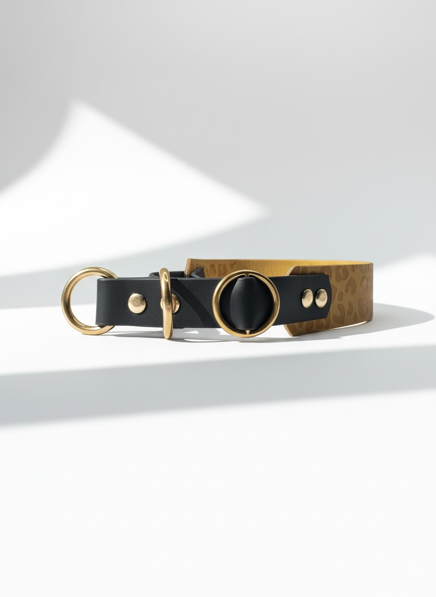 Hundehalsband aus BioThane mit Leo Print in den Farben Gold und schwarz. Leohalsband in Gold mit Messing Beschlägen. Zugstopp Halsband Gold aus BioThane 