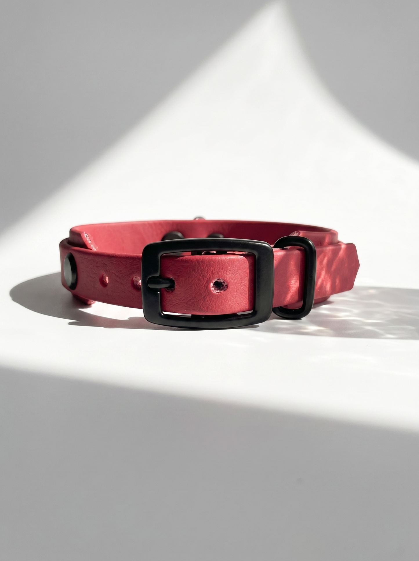 LINEA BioThane Halsband und Leine in Rot mit schwarzen Beschlägen. Handgefertigt und Personalisierbar. Ansicht Halsband vorne