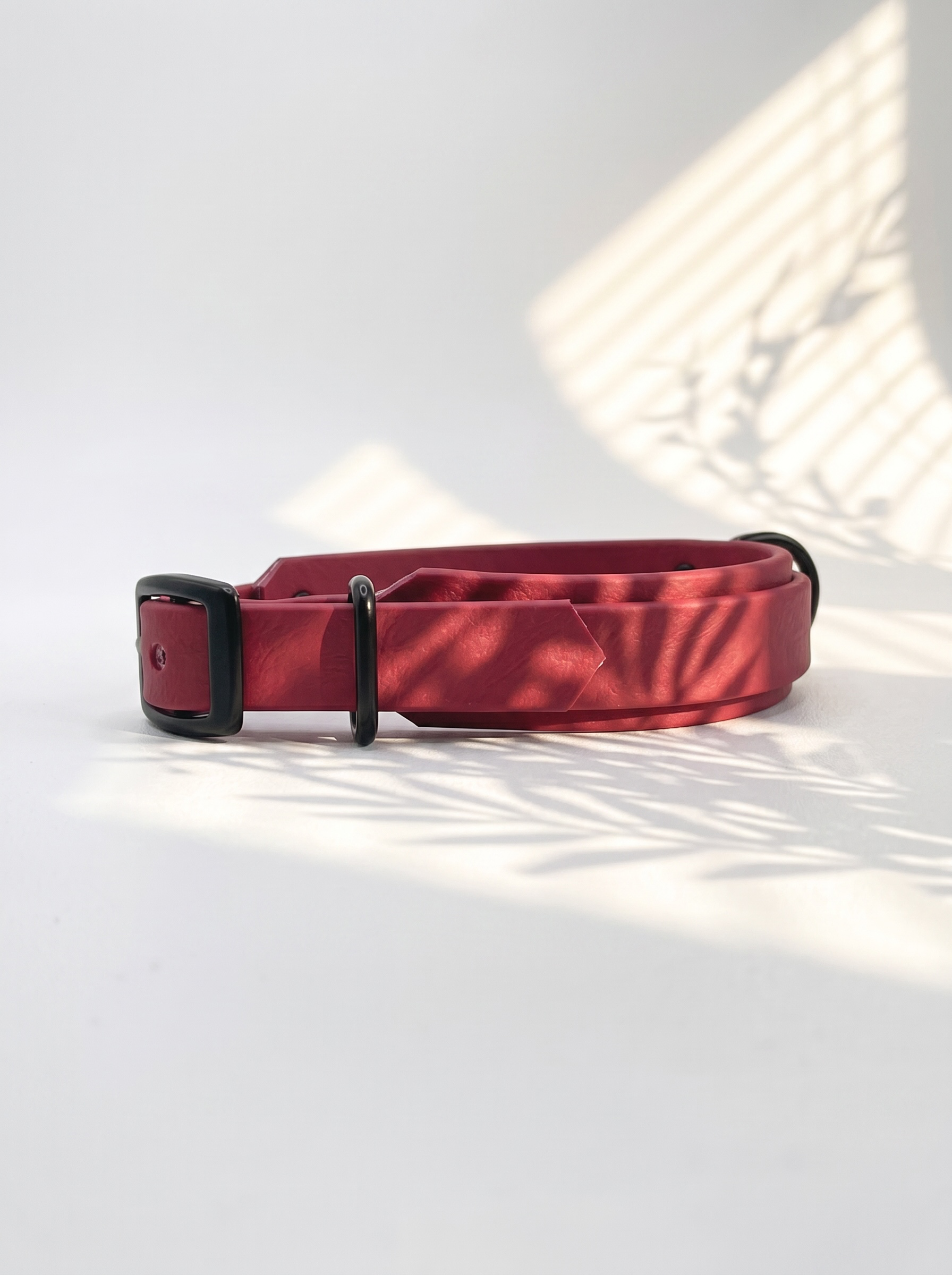 LINEA BioThane Halsband und Leine in Rot mit schwarzen Beschlägen. Handgefertigt und Personalisierbar. Ansicht Seite 