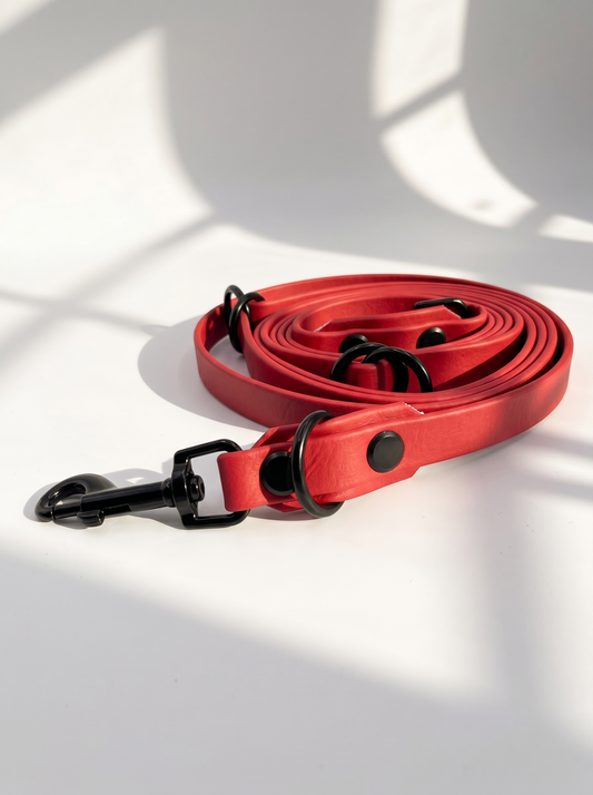 LINEA BioThane Halsband und Leine in Rot mit schwarzen Beschlägen. Handgefertigt und Personalisierbar. Ansicht Leine 