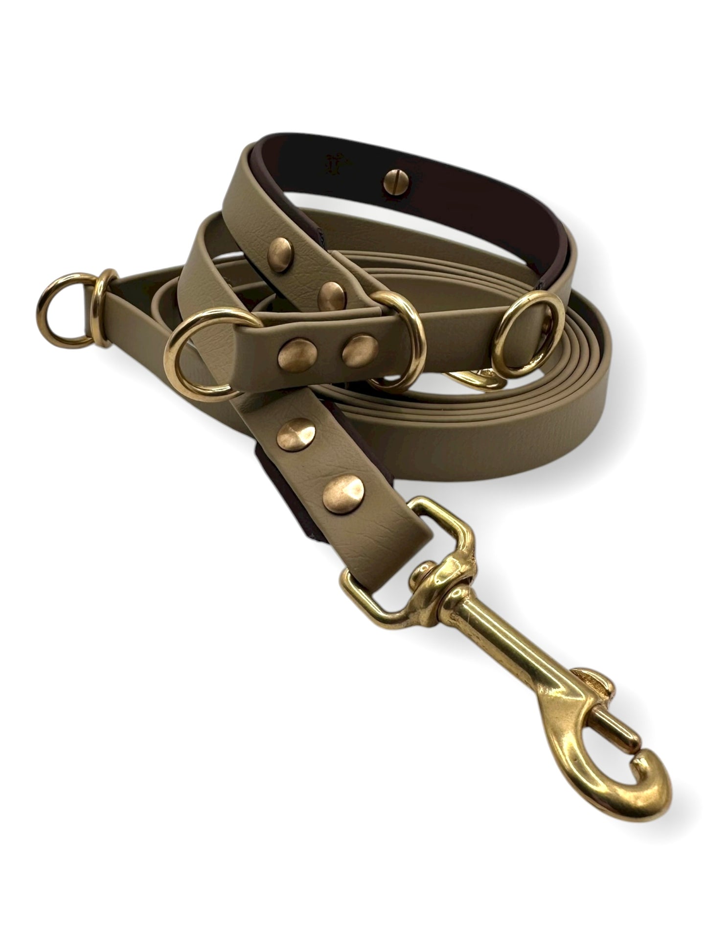 BioThane set aus Leine und Halsband in braun. Farben: beige und dunkelbraun mit goldenen Details 