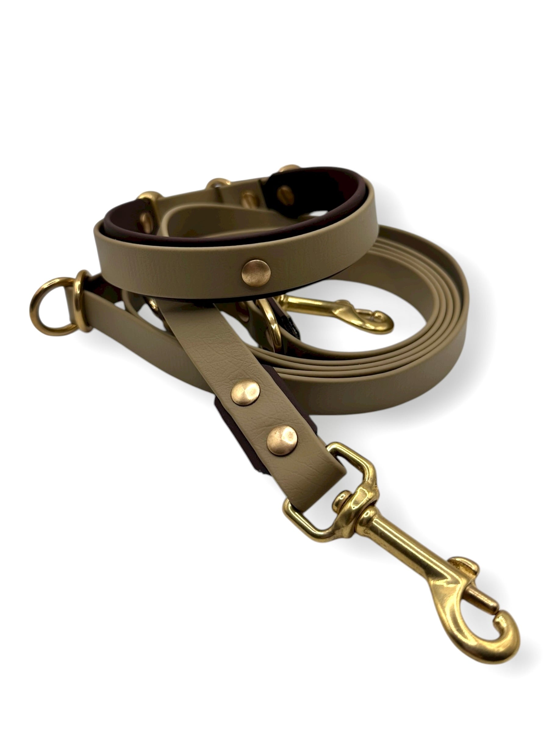 BioThane set aus Leine und Halsband in braun. Farben: beige und dunkelbraun mit goldenen Details 