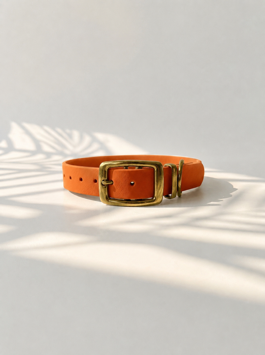 Hundehalsband aus BioThane in der Farbe burnt Orange mit antik goldenen Beschlägen. Verstellbares handgefertigtes Halsband mit Doppelstegschnalle 