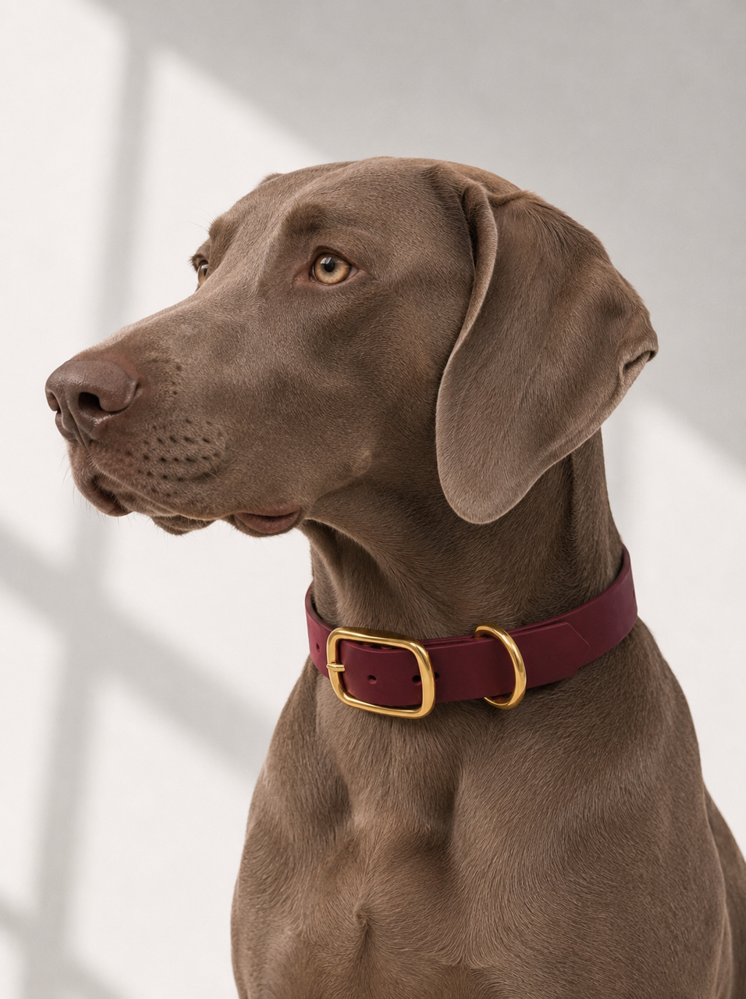 Hund mit biothane Halsband in wine rot und Beschlägen aus Messing in Gold. Verstellbares biothanehalsband für jede Hundegröße.