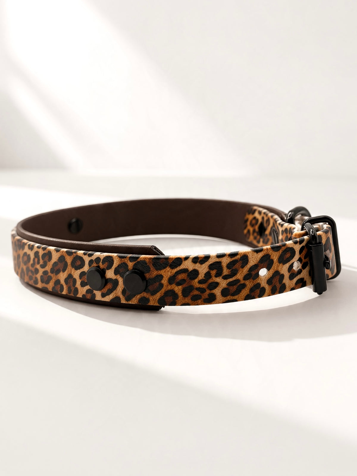 Hundehalsband aus BioThane mit Leomuster. Dunkelbraun und Leo details aus kunstleder mit schwarzen Beschlägen. Handgefertigt und individuell anpassbar in breite und Länge. Personalisierbares halsband von hinten 