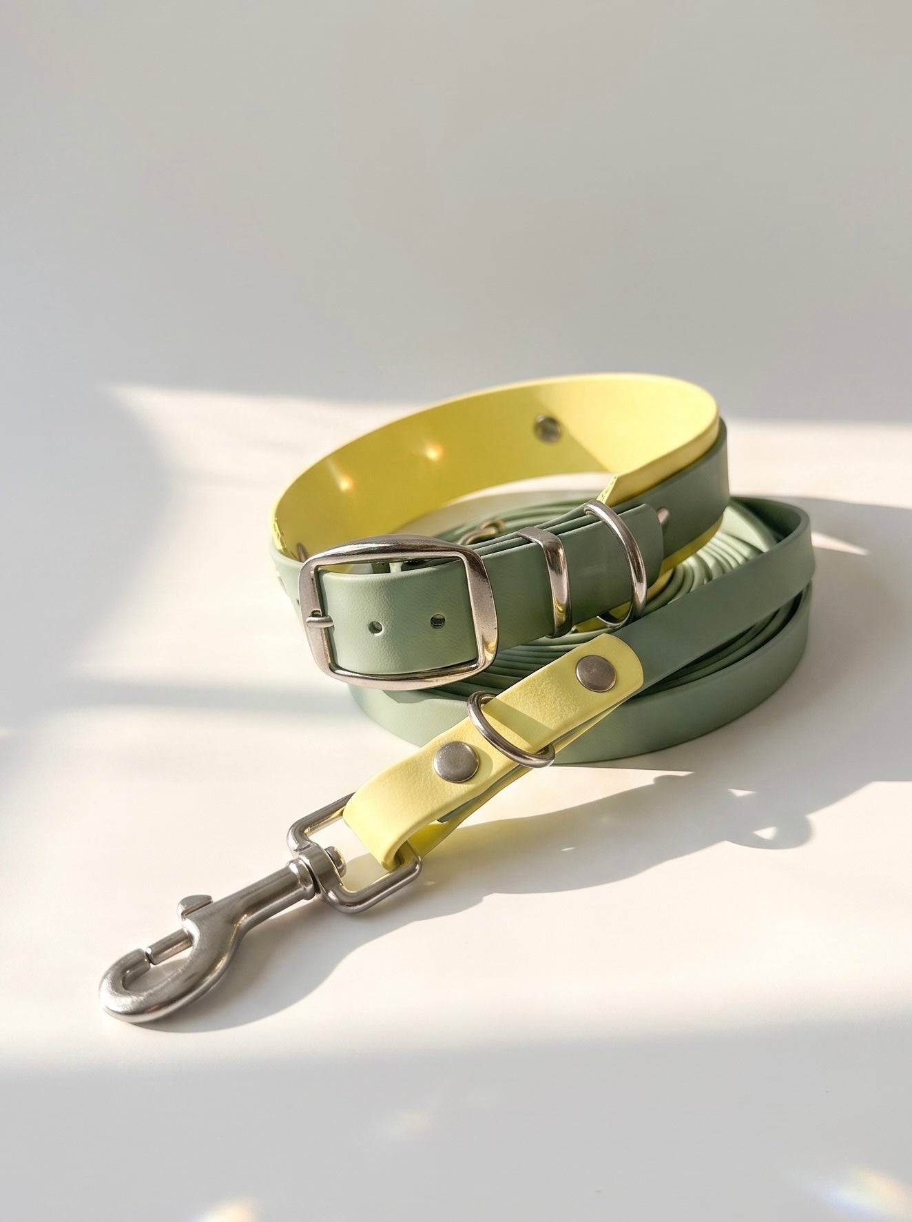 Hundeleine und Hundehalsband aus BioThane in grün und gelb. Handgefertigt und individuell anpassbar. Mit personalisierten Beschlägen. Set vorne 