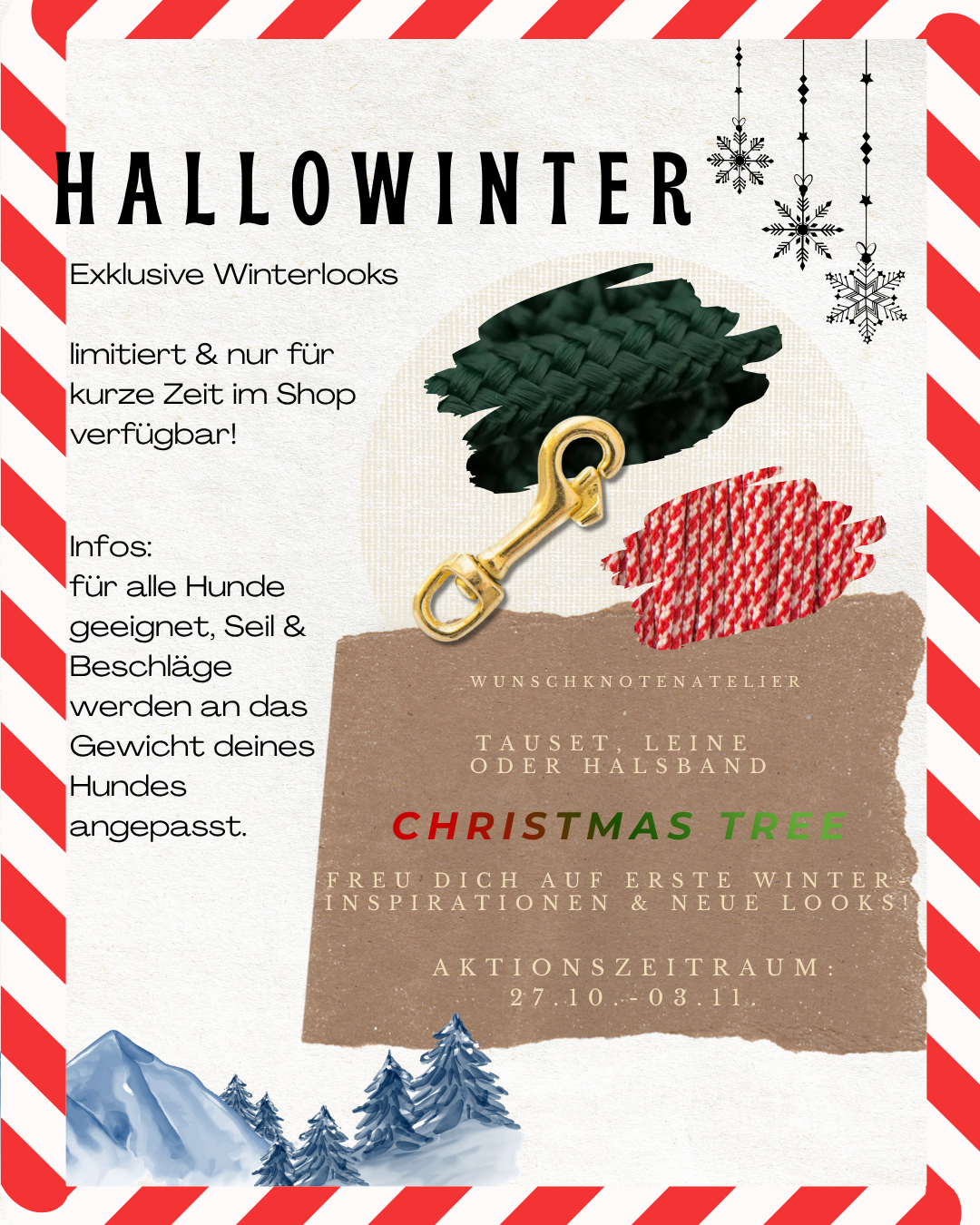 Hundeleine oder Hundehalsband Weihnachtsgeschenk Winter Edition Christmas tree. In grün, rot und weiß.