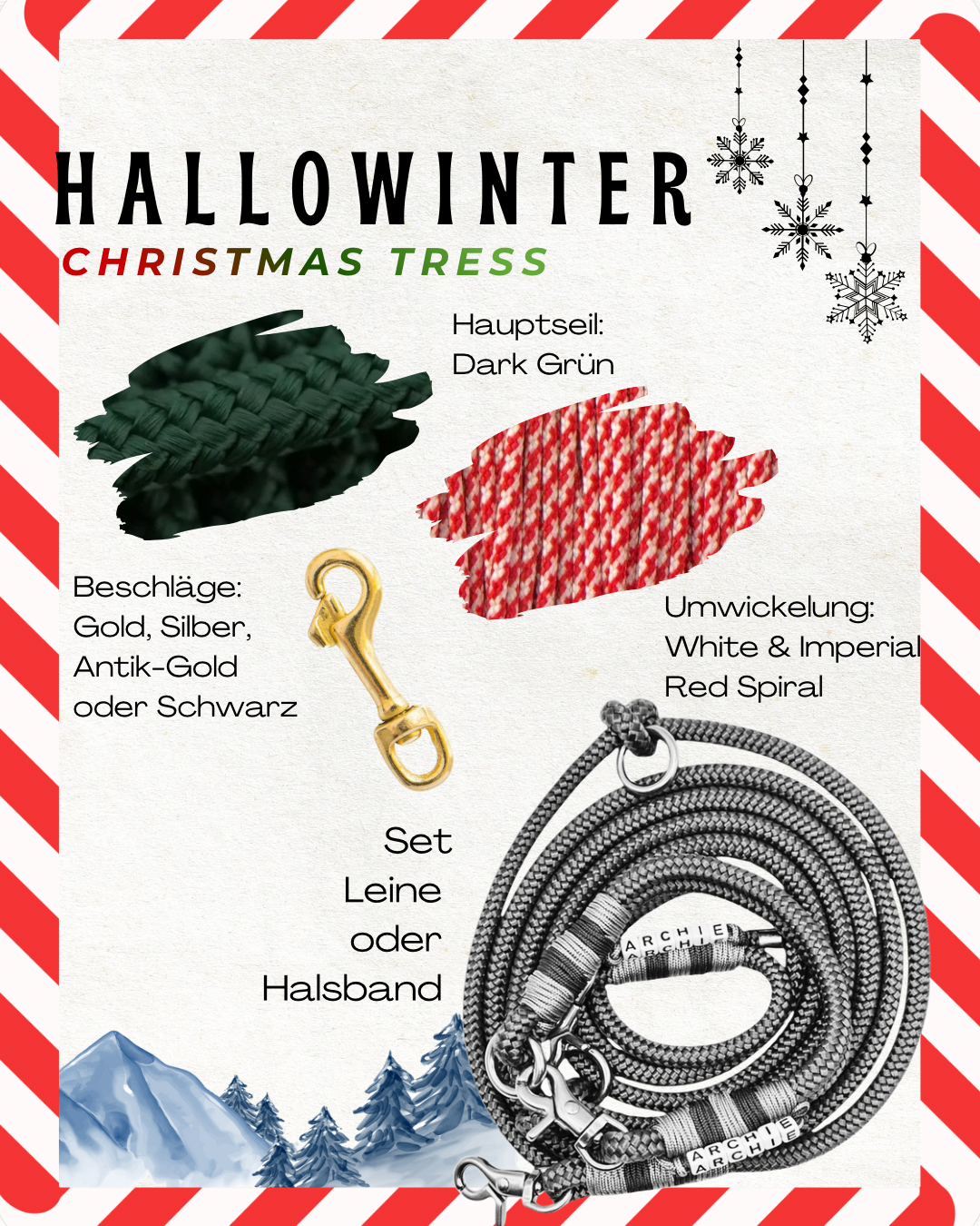 Hundeleine oder Hundehalsband Weihnachtsgeschenk Winter Edition Christmas tree. In grün, rot und weiß.
