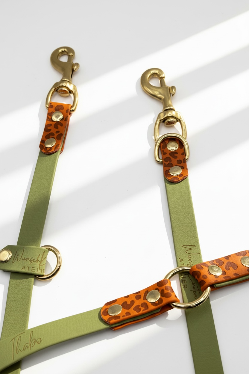 Hundeleine aus BioThane in der Farbe Holy guacamole mit Leo-Print in burned orange. Beschläge aus messing, Geeigent für alle Hunde, da Breite und Beschläge sowie Länge auf deinen Hund und deine Wünsche angepasst werden.