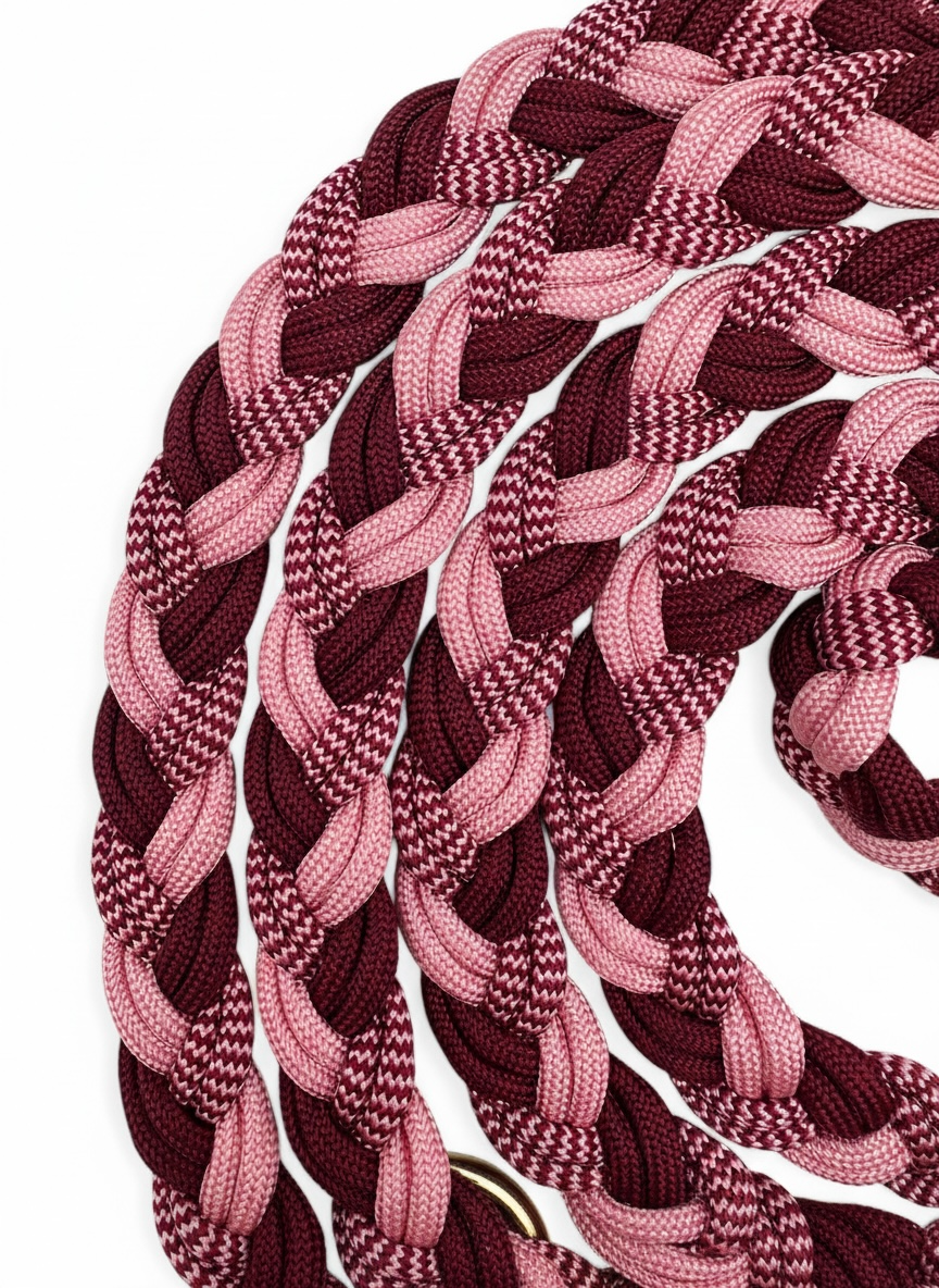 Details von der flechtung der Paracord Leine in den Farben burgundy, rot und rosa. 