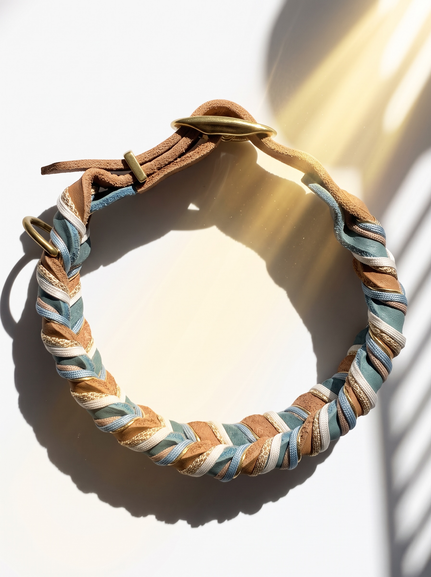 Hundeset aus Fettleder in Braun und Blau mit goldenen und weißen Details. Lederhalsband und Lederleine Geeigent für kleine, mittlere und große Hunde, da es individuell an deinen Hund angepasst wird. Verschiedene Breiten und Längen personalisierbar. Draufsicht Halsband 