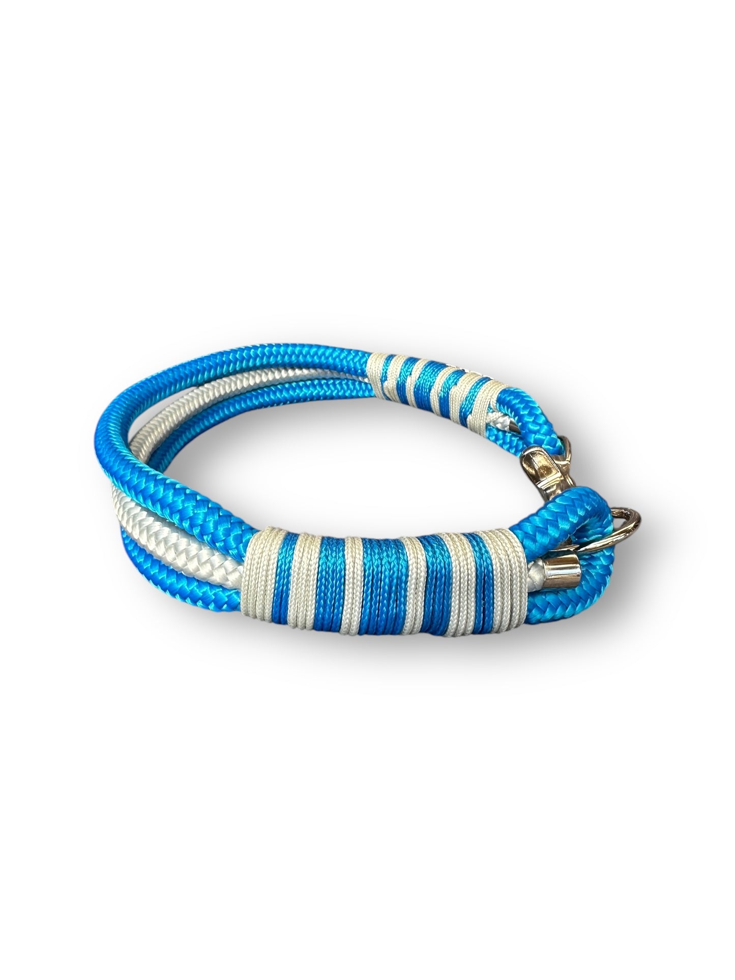 Hundehalsband aus Tau in der Farbe Metallic Royal Blau mit Silber grauen Details. Seitenansicht links 