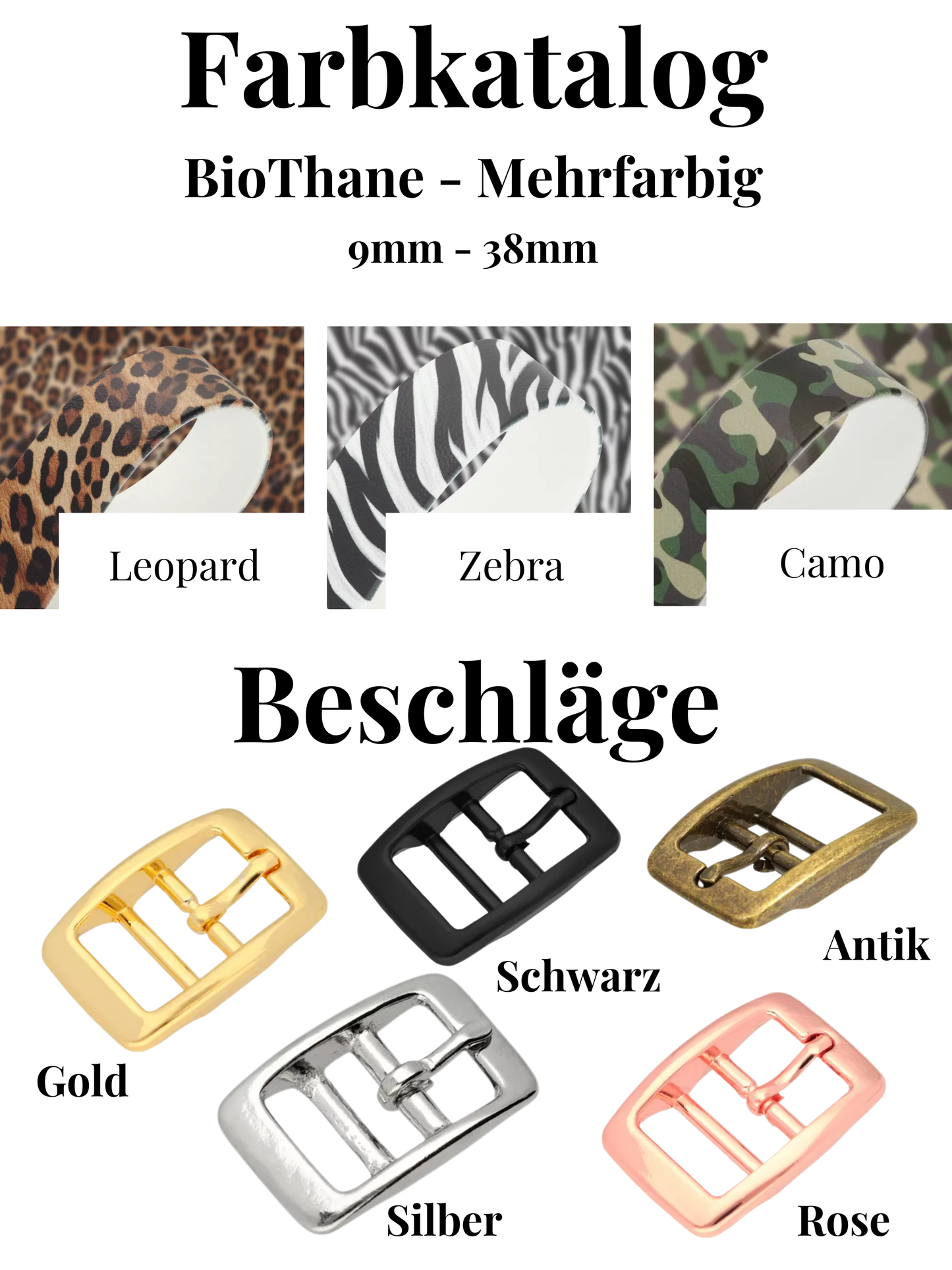 Farbkatalog BioThane für Wunschhalsband oder Leine: Leopard, Zebra oder Camouflage