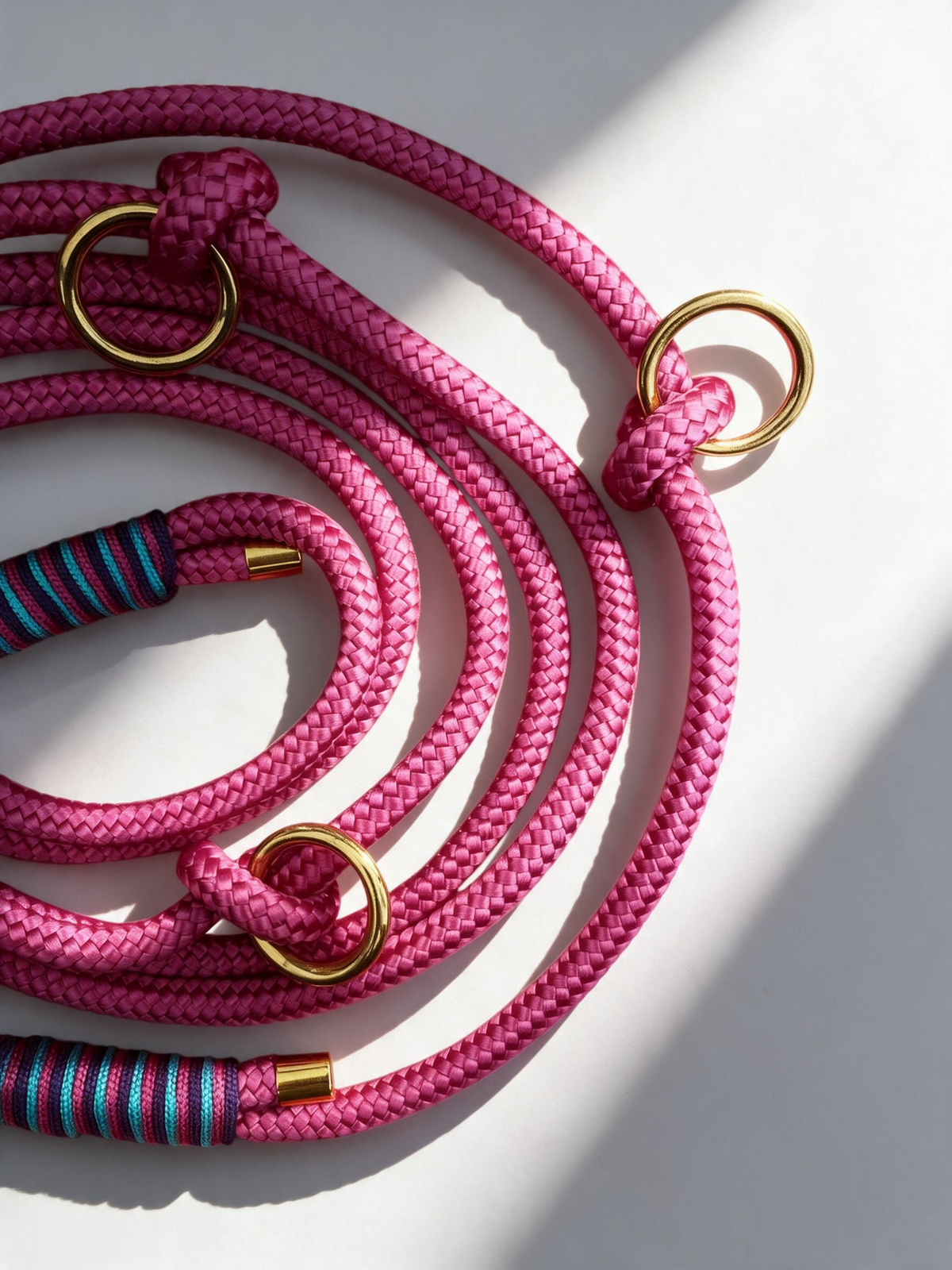 Hundeleine aus tau in pink mit lila, blau und rosa Umwicklung. Handgefertigt und individuell anpassbar. Mit messing Beschlägen in gold.  Details Seil 
