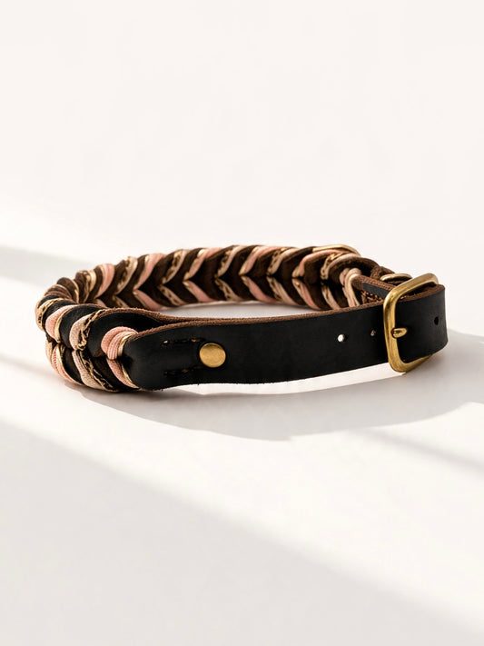 SOFORTKAUF HU: 45-50cm, Lederhalsband WEAVE in SCHOKOBRAUN X LEO X KUPFER