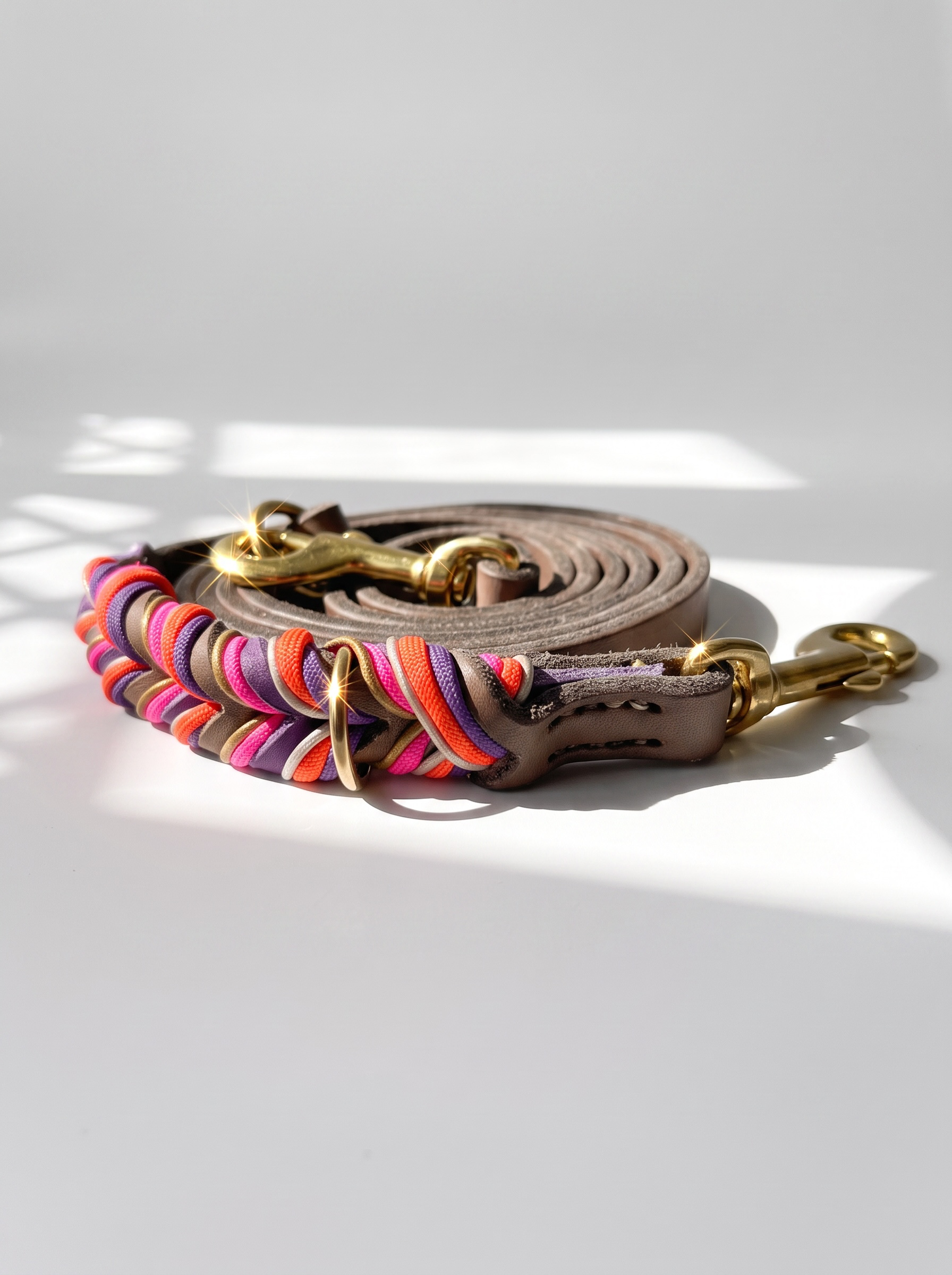 Hunde set aus Fettleder bestehend aus Halsband und Leine in den Farben: Braun und Orchidee mit lila, orangen, rosa und goldenen Details. Geeignet für kleine, mittlere und große Hunde da es individuell a das Gewicht und Größe angepasst wird. Ansicht Draufsicht Leine