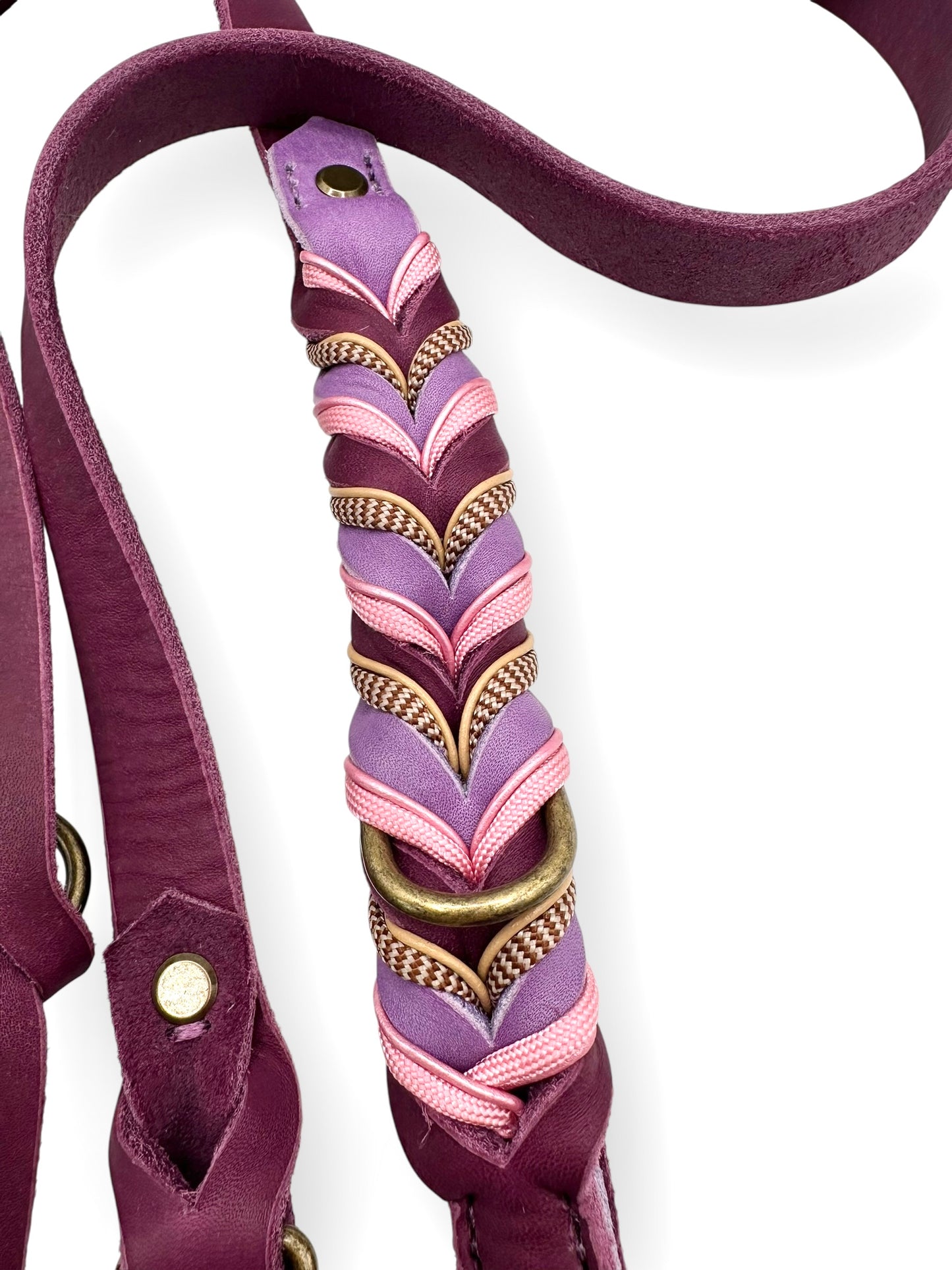 Geflochtene Lederleine in Traube und Orchidee mit lila und braunen Details - flechtteil